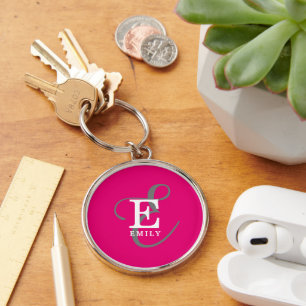 Unique Stylish Monogram Typography Hot Pink Key Ring