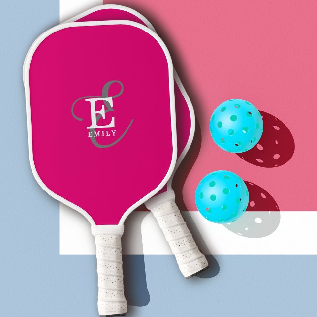 Unique Stylish Monogram Typography Hot Pink Pickleball Paddle (Personalize with your name and monogram initial.)