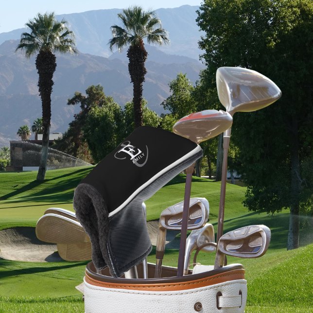 Unique Stylish Name and Monogram Typography Black Golf Head Cover (Personalize with your name and monogram initial.)