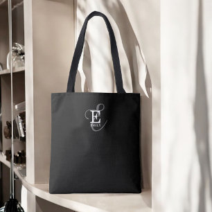 Unique Stylish Name and Monogram Typography Black Tote Bag