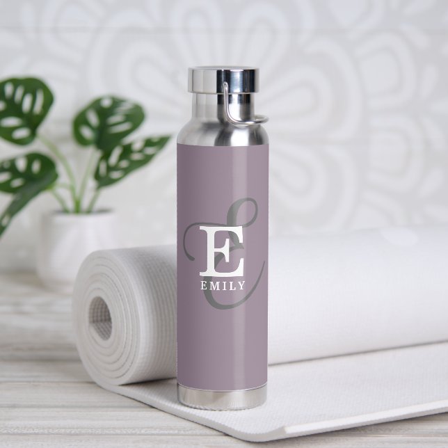 Unique Stylish Name and Monogram Typography Purple Water Bottle (Yoga)