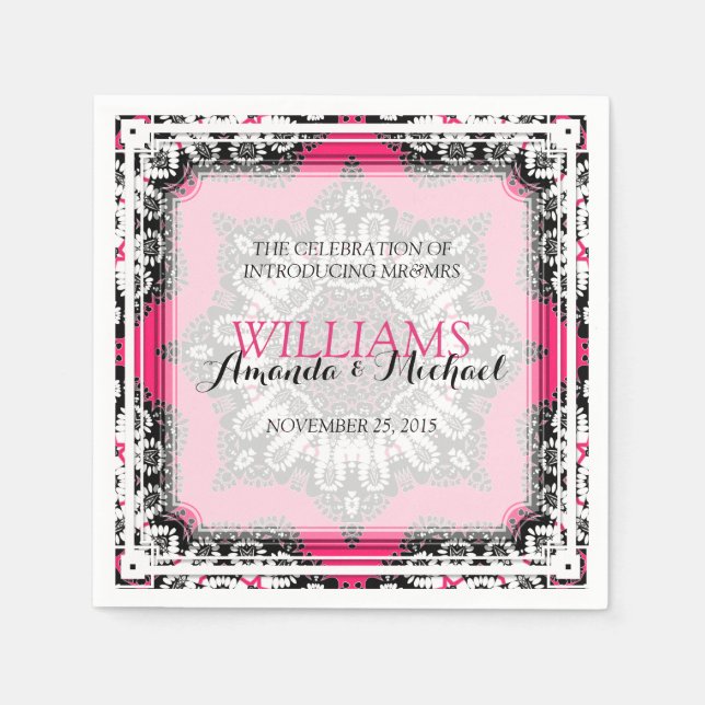 Unique Stylish Pink Black Wedding Paper Napkins (Front)