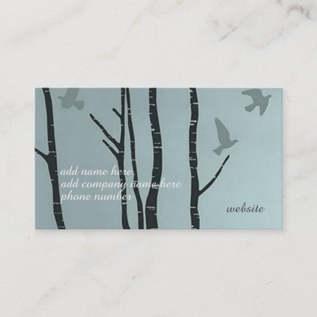 Unique, stylish silver birch bird business card (Front)