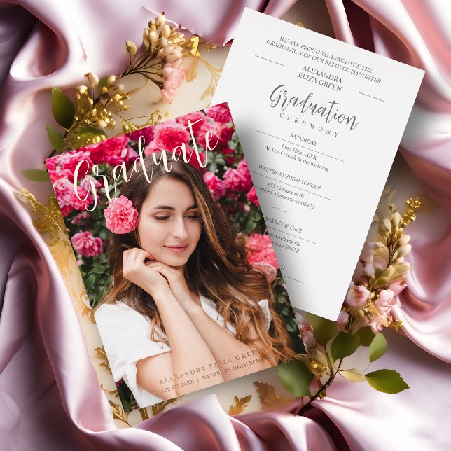 Unique Stylish Sophisticated Photo Grad Script (Unique Stylish Sophisticated Photo Grad Script Rose Gold Metallic Foil Invitation Card.)