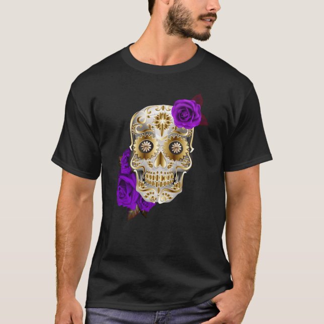 Unique Sugar Skull Day Of The Dead Purple Roses T-Shirt (Front)