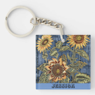 Unique Sunflowers on Denim Key Ring