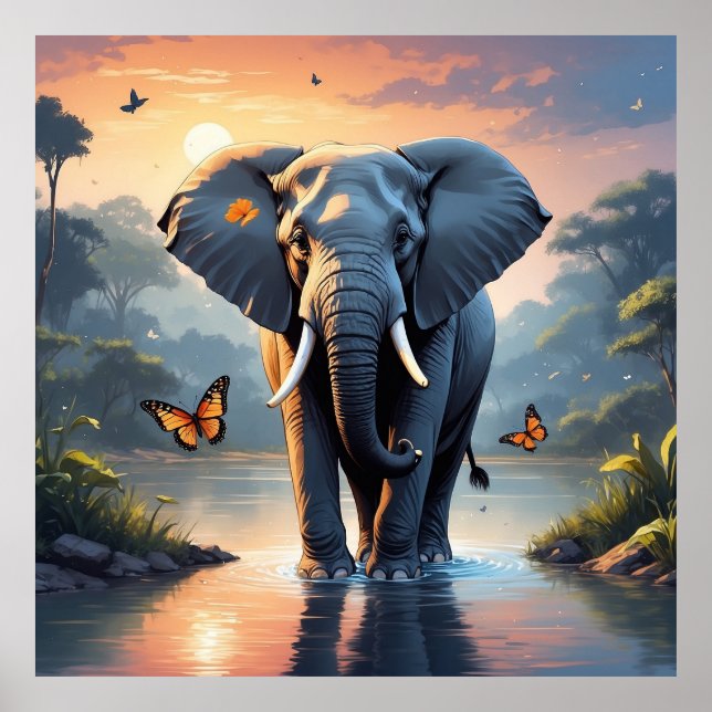 Unique Sunset Elephant with Butterflies in River Poster (Front)