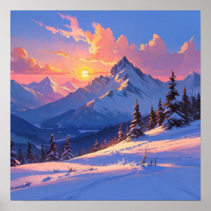 Unique Sunset Mountain Landscape Painting Poster