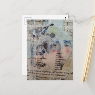 Unique superlative vintage face mixed media postcard