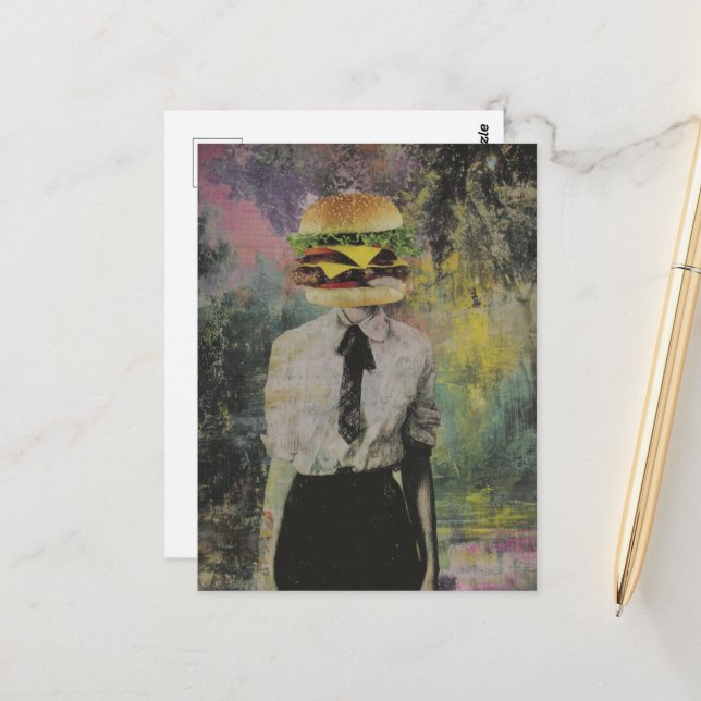 Unique Surreal Cheeseburger Woman Mixed Media Postcard (Front/Back In Situ)