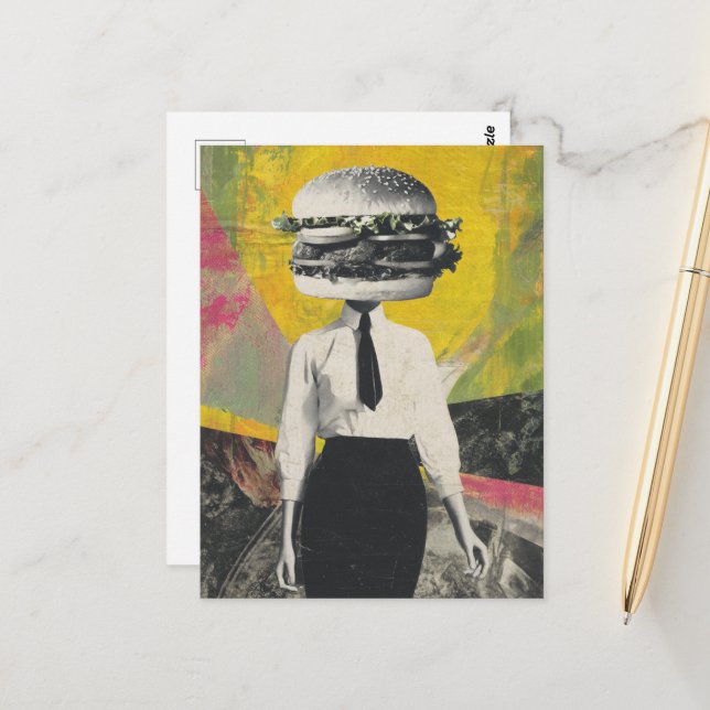 Unique Surreal Cheeseburger Woman  Postcard (Front/Back In Situ)