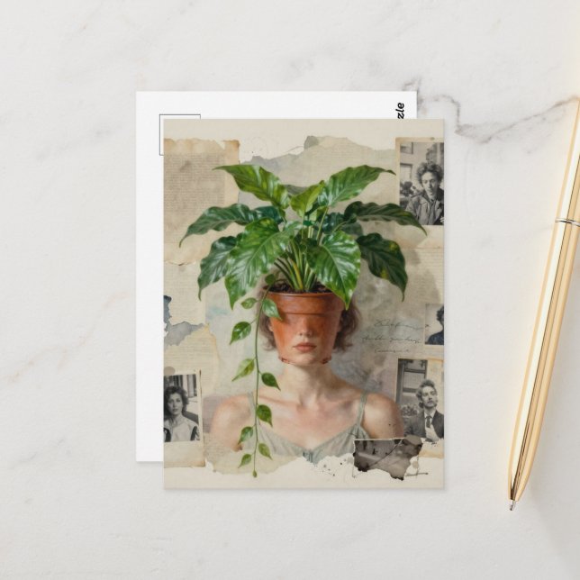 Unique Surreal Flower Pot Woman Postcard (Front/Back In Situ)