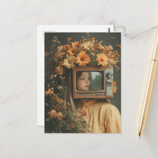 Unique Surreal Woman with TV for head and flowers Postcard