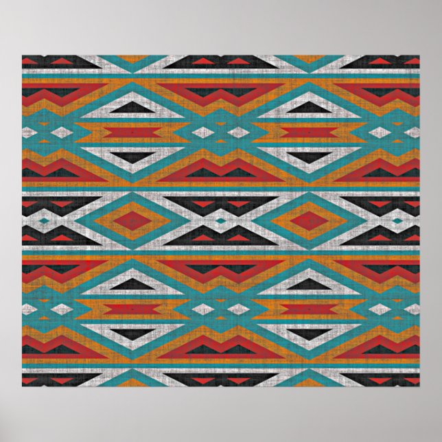 Unique Teal Blue Red Orange Tribal Mosaic Poster (Front)