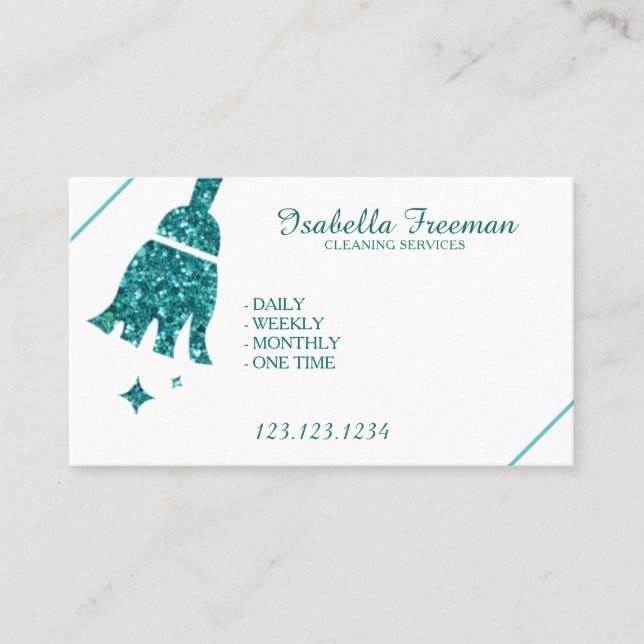 Unique Teal Glitter Maid House Cleaning Service  Business Card (Front)