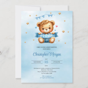 Unique teddy bear it's a boy baby shower invitation