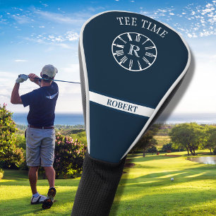 Unique Tee Time Clock Monogram Blue White Name Golf Head Cover