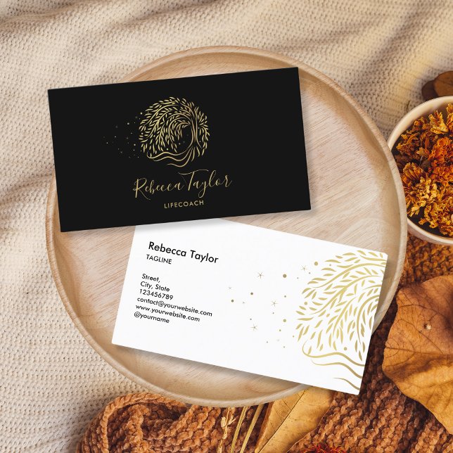 unique therapist life coach willow tree of life business card (willow tree, gold color circle shape)