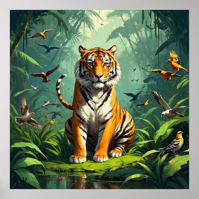 Unique Tiger Sitting in Jungle with Birds around Poster (Front)