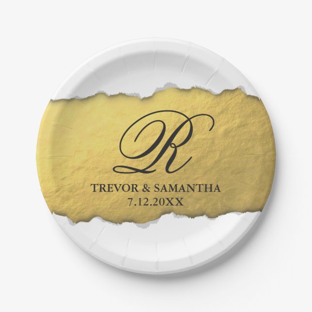 Unique Torn Out Look Faux Gold Foil Black Letters Paper Plate (Front)