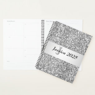 Unique Trendy Glitter Glam Silver Girly Monogram  Planner