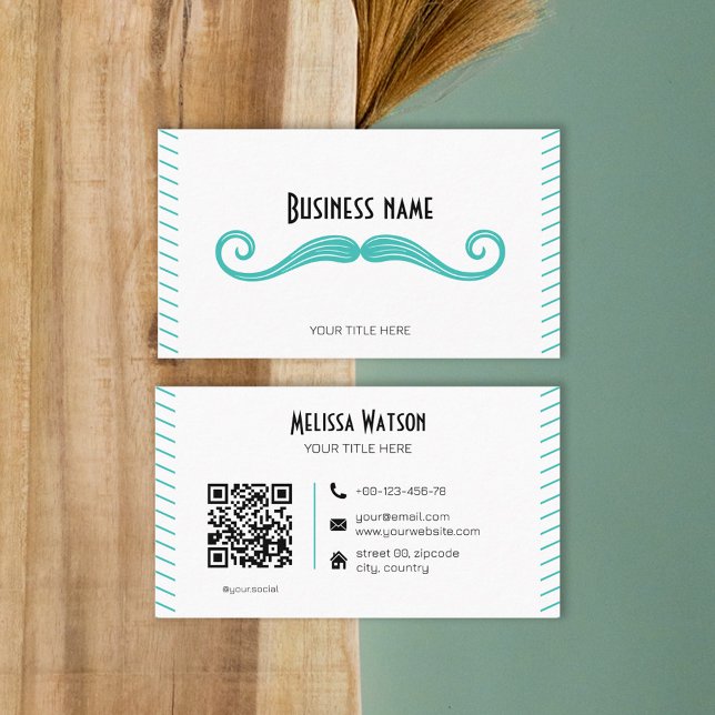 Unique turquoise black QR code moustache Business Card (Creator Uploaded)