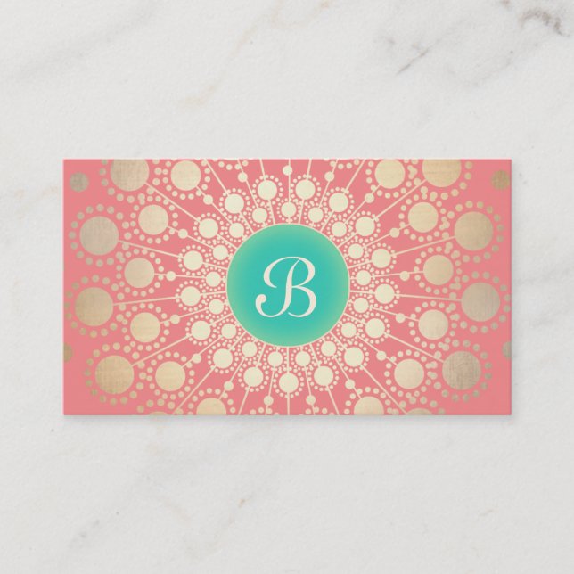 Unique Turquoise, Gold, Pink Coral Monogram Business Card (Front)