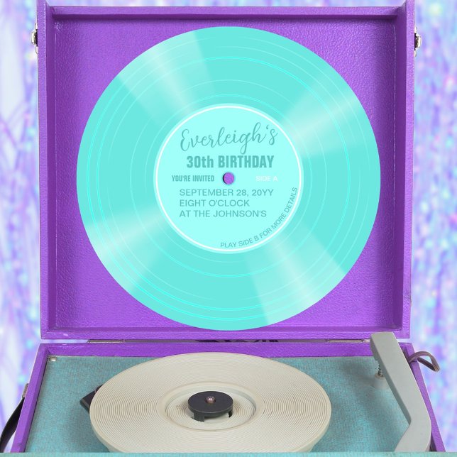 Unique Turquoise Vinyl Record Birthday Invitation (turquoise color vinyl record pop birthday invitation with aqua label)