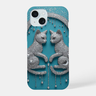 Unique Twin Crystal Cat Ornament Jewellery Sculptu iPhone 15 Case