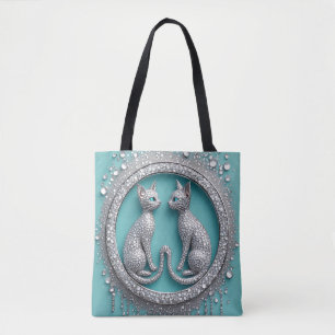 Unique Twin Crystal Cat Ornament Jewellery Sculptu Tote Bag