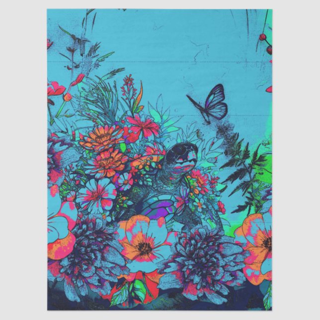 Unique Urban Street Art Style Floral Sea Turtle  Tissue Paper (Front)