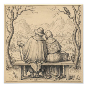 Unique Vintage Antique Loving Couple on the Bench Photo Print