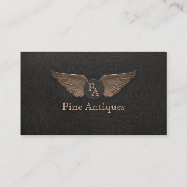 Unique Vintage Bronze Wings Monogram Black Business Card (Front)