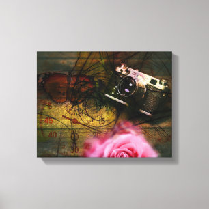 Unique vintage camera, clock and flower canvas print
