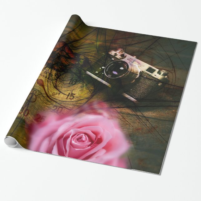 Unique vintage camera, clock and flower wrapping paper (Unrolled)