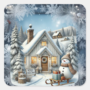 Unique vintage Christmas Scenery Paper Plates Square Sticker