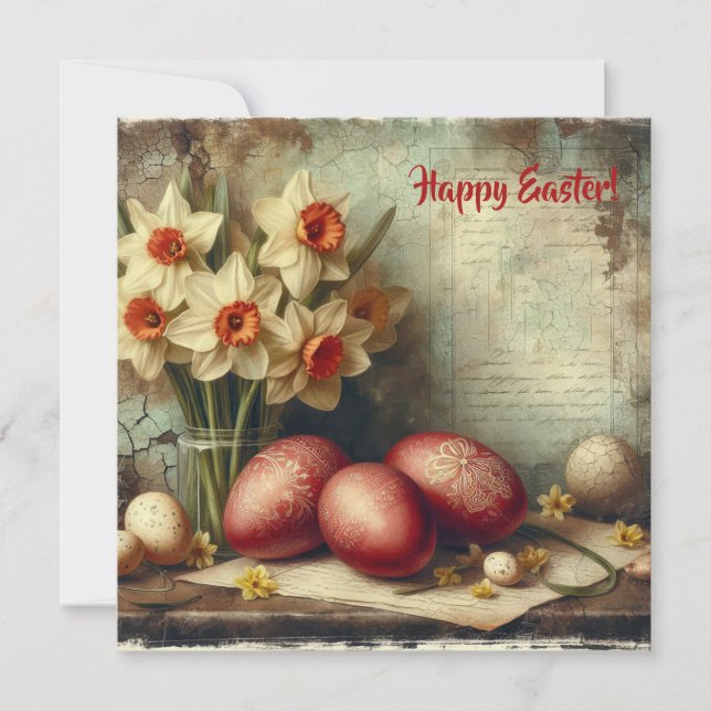 Unique vintage Easter eggs yellow daffodils Holiday Card (Front)
