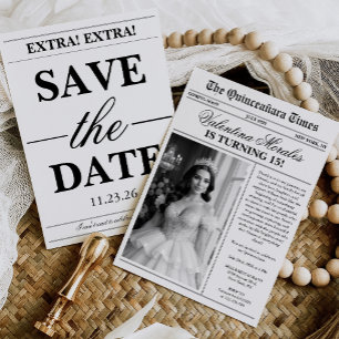 Unique Vintage Newspaper Photo Quinceanera Invitation