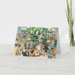 Unique Vintage People Around Tree Christmas Card