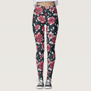 Unique Vintage Retro Red And Black Floral Pattern  Leggings