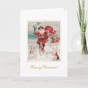 Unique Vintage Santa On Bicycle Christmas Art  Card