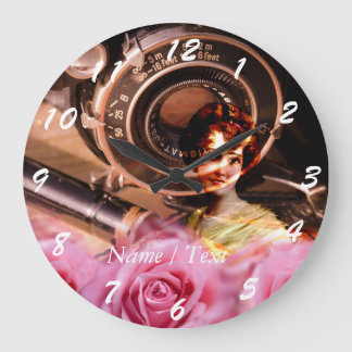 Unique vintage woman with roses and vintage camera large clock