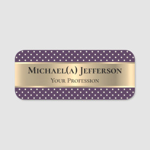 Unique Violet Purple White Polka Dot & Luxury Gold Name Tag