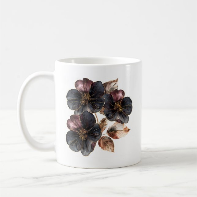 Unique watercolor gold black and burgundy flowers coffee mug (Left)