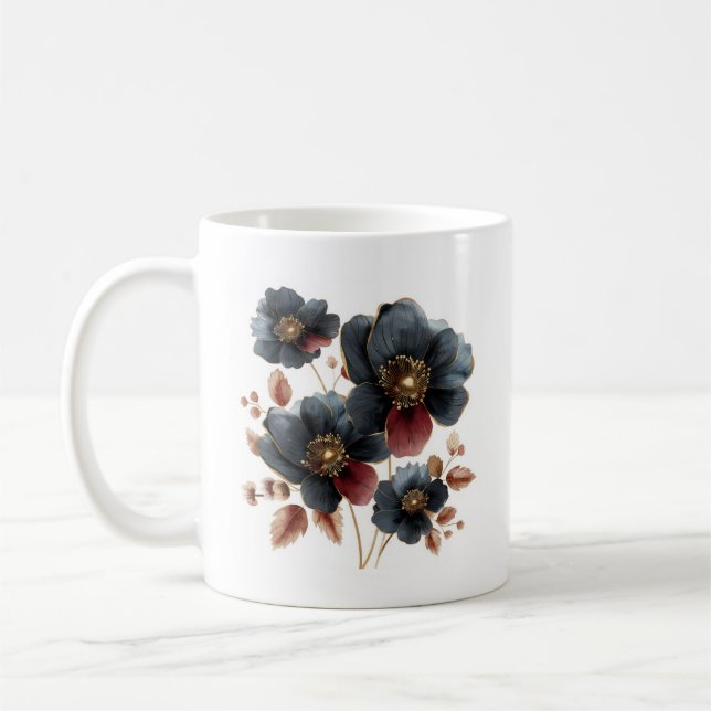 Unique watercolor gold black and burgundy flowers coffee mug (Left)