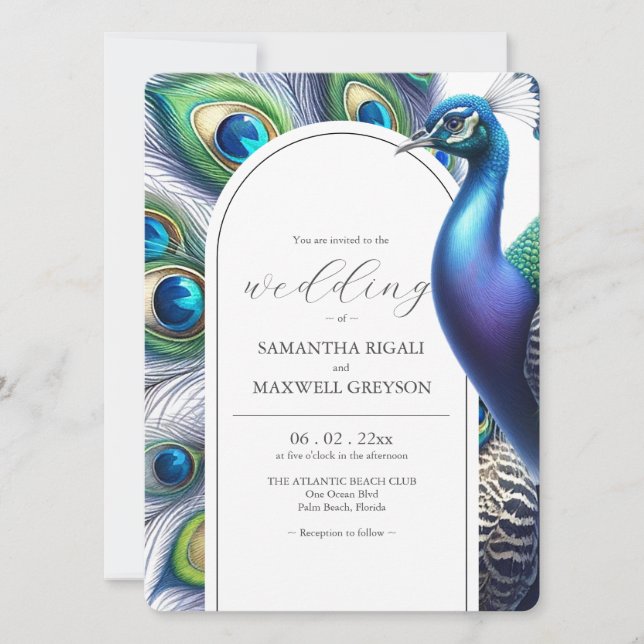 Unique Watercolor Peacock Wedding Invitations (Front)