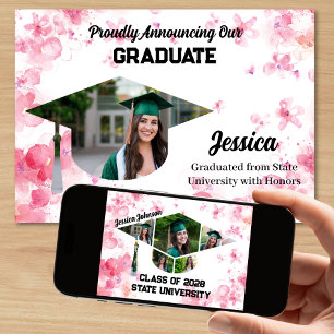 Unique Watercolor Pink Floral 7 Photo Graduation Announcement