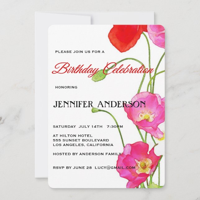 Unique Watercolor Poppies Floral Birthday Party Invitation (Front)