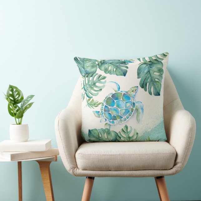 Unique Watercolor Sea Turtle on Palm Leaves Cushion (Chair)