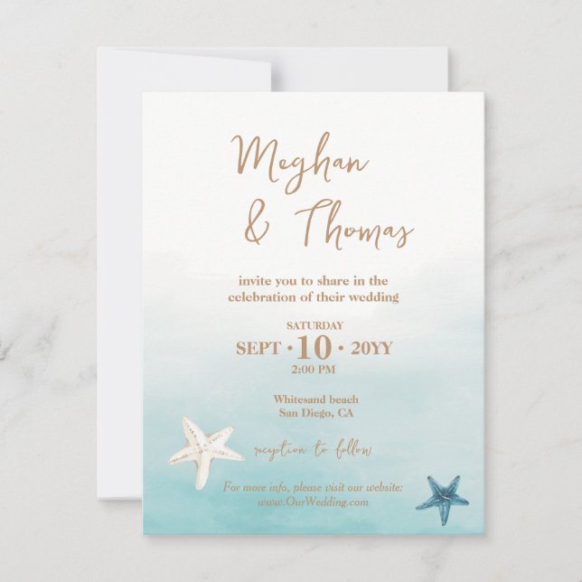 Unique Watercolor Starfish Beach Theme Wedding  Card (Front)